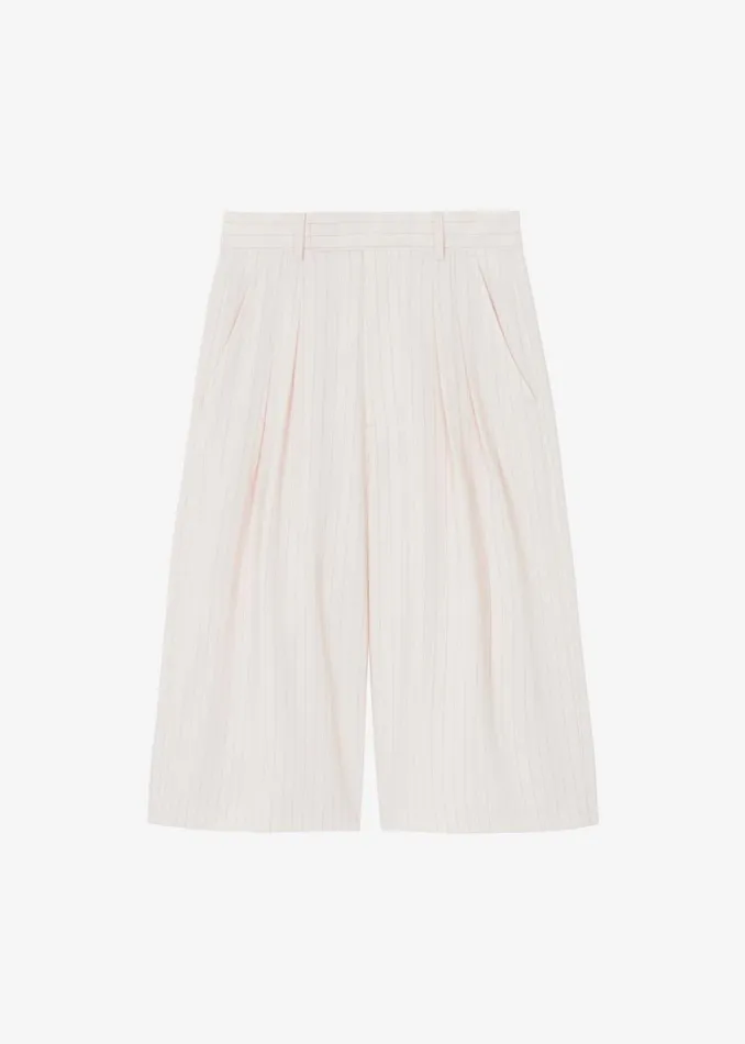 Women The Frankie Shop Bottoms Vivian Fluid Pleated Bermuda Shorts Beige Pinstripe