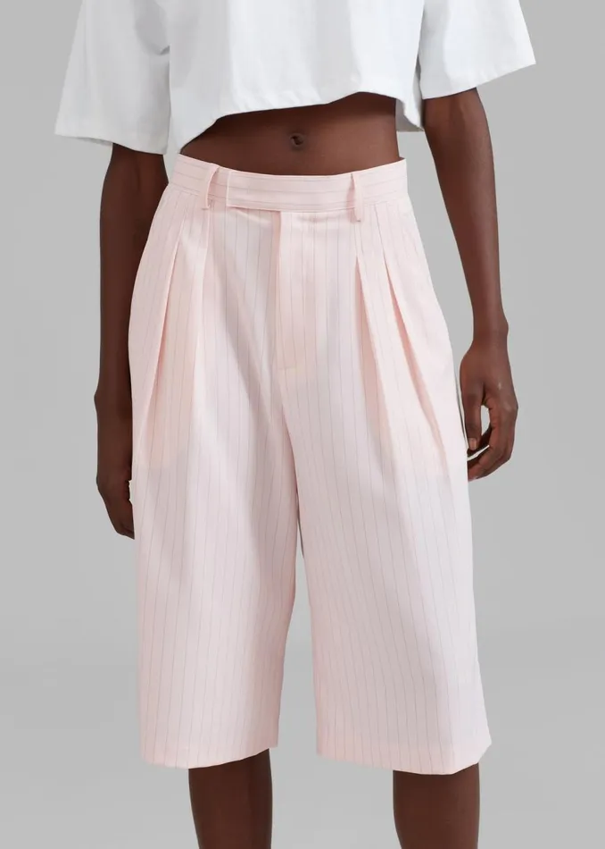 Women The Frankie Shop Bottoms Vivian Fluid Pleated Bermuda Shorts Pink Pinstripe