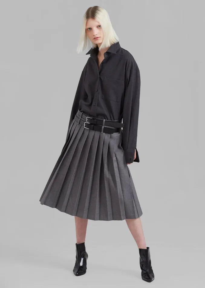 Women The Frankie Shop Bottoms Wednesday Belted Pleated Skirt Dark Grey Melange Women The Frankie Shop Bottoms Wednesday Belted Pleated Skirt Dark Grey Melange