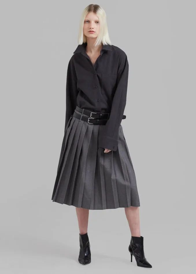 Women The Frankie Shop Bottoms Wednesday Belted Pleated Skirt Dark Grey Melange