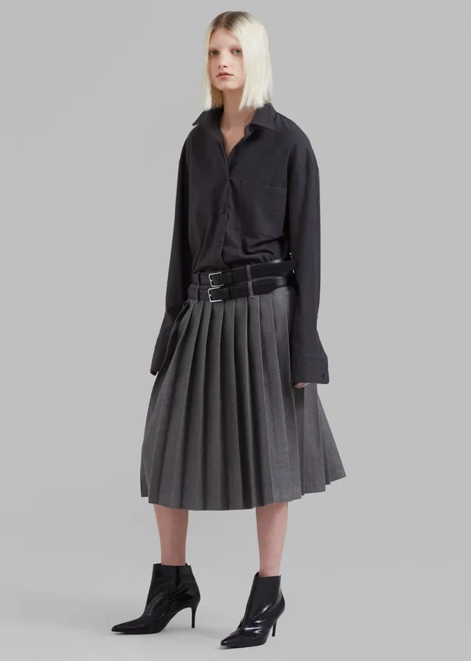 Women The Frankie Shop Bottoms Wednesday Belted Pleated Skirt Dark Grey Melange