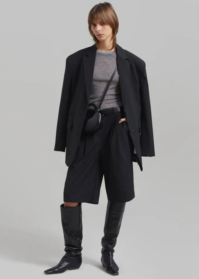 Women The Frankie Shop Bottoms Wilma Pleated Bermuda Shorts Black Pinstripe
