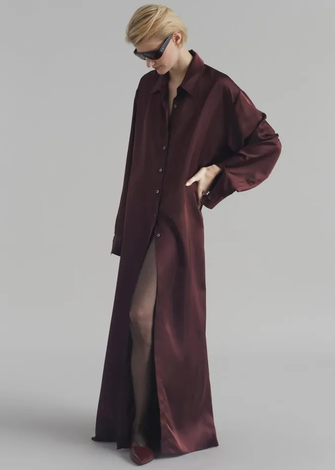 Women The Frankie Shop Dresses Avery Satin Shirt Dress Burgundy