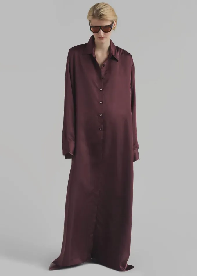 Women The Frankie Shop Dresses Avery Satin Shirt Dress Burgundy