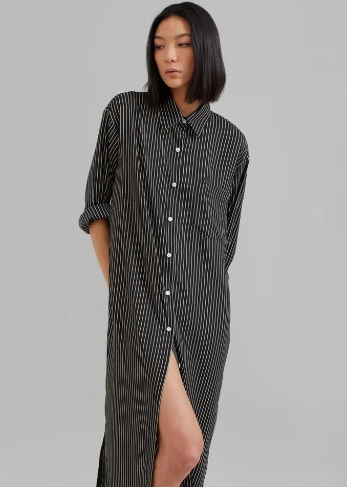 Women The Frankie Shop Dresses Cala Satin Shirt Dress Black Pinstripe