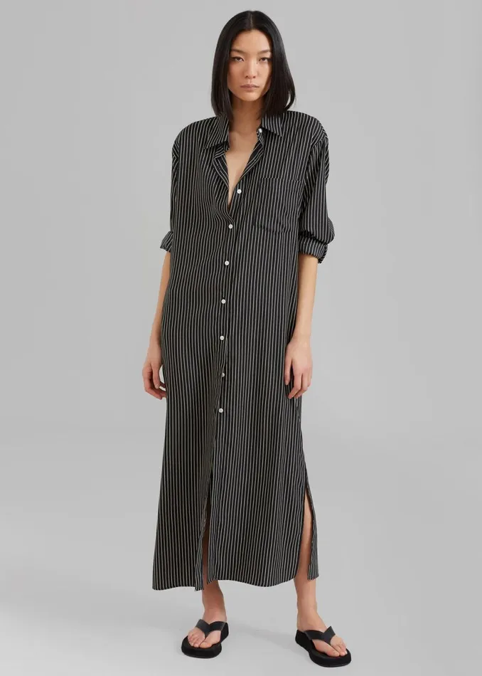 Women The Frankie Shop Dresses Cala Satin Shirt Dress Black Pinstripe