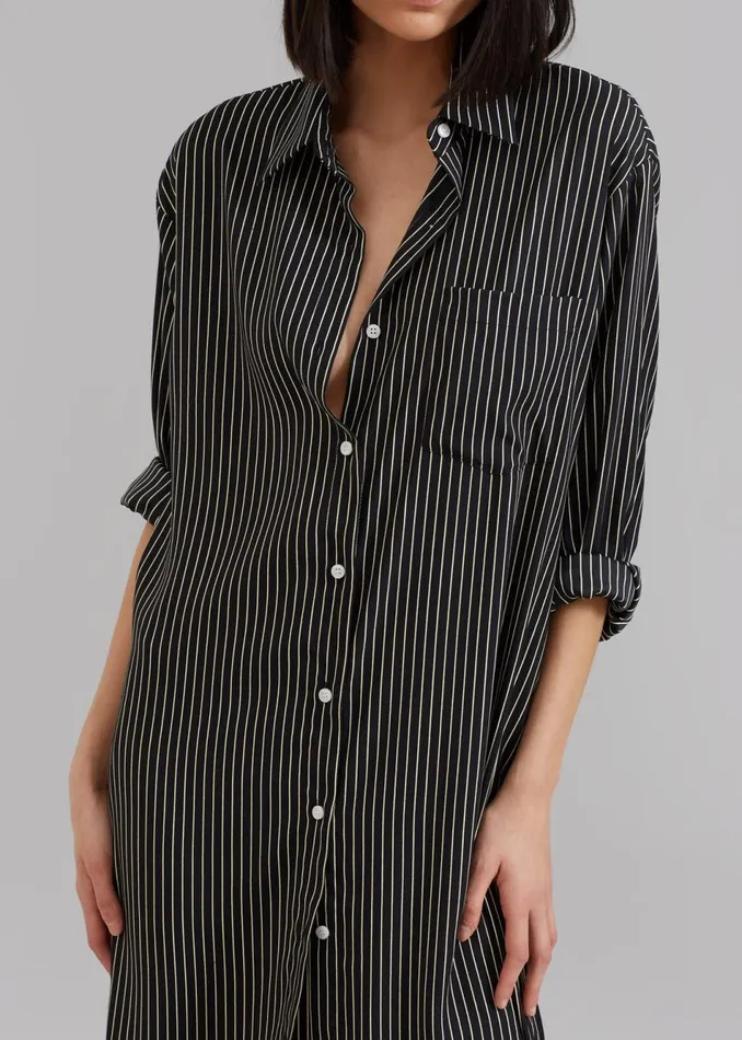 Women The Frankie Shop Dresses Cala Satin Shirt Dress Black Pinstripe