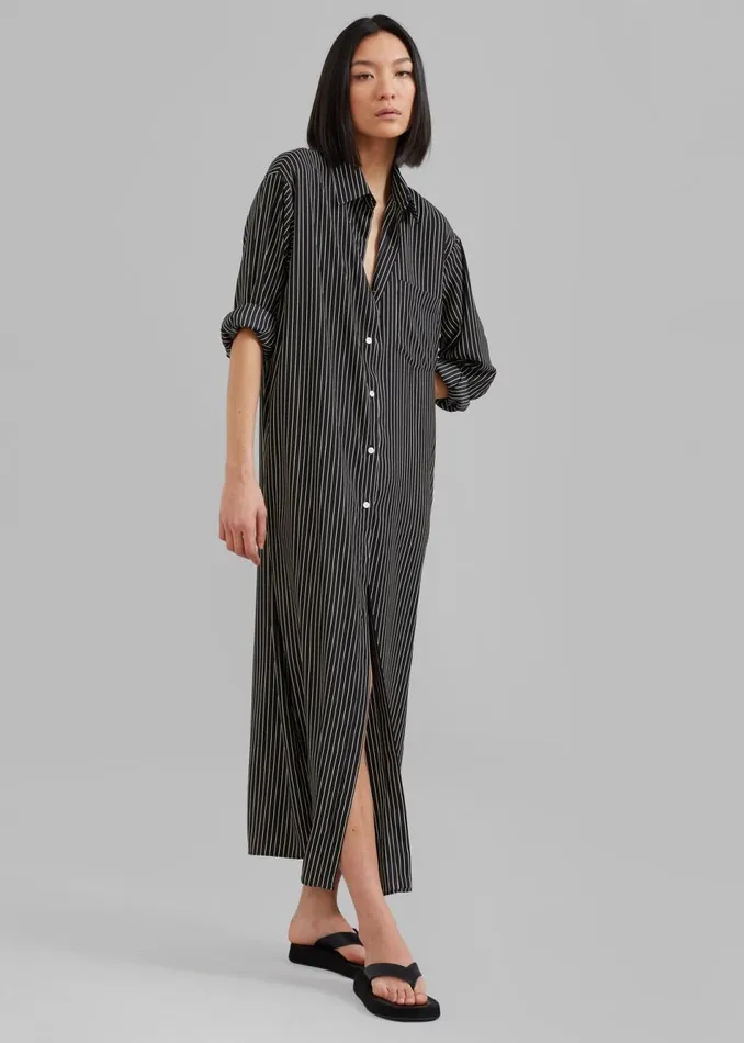 Women The Frankie Shop Dresses Cala Satin Shirt Dress Black Pinstripe