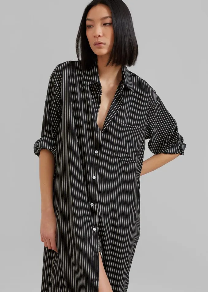 Women The Frankie Shop Dresses Cala Satin Shirt Dress Black Pinstripe