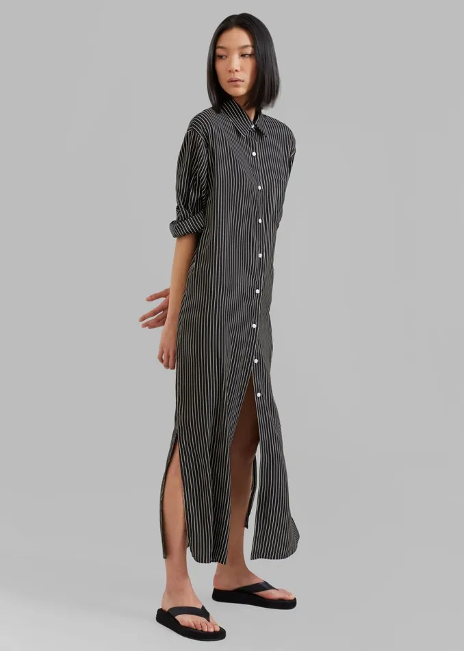 Women The Frankie Shop Dresses Cala Satin Shirt Dress Black Pinstripe