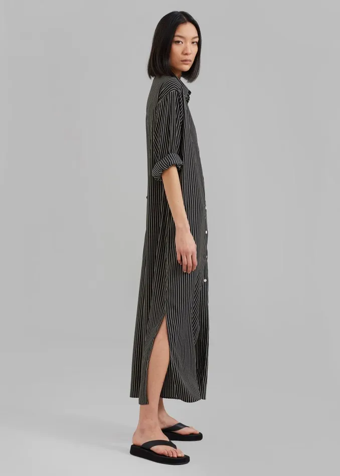 Women The Frankie Shop Dresses Cala Satin Shirt Dress Black Pinstripe