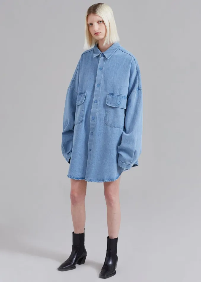 Women The Frankie Shop Dresses Dallas Denim Overshirt Worn Wash