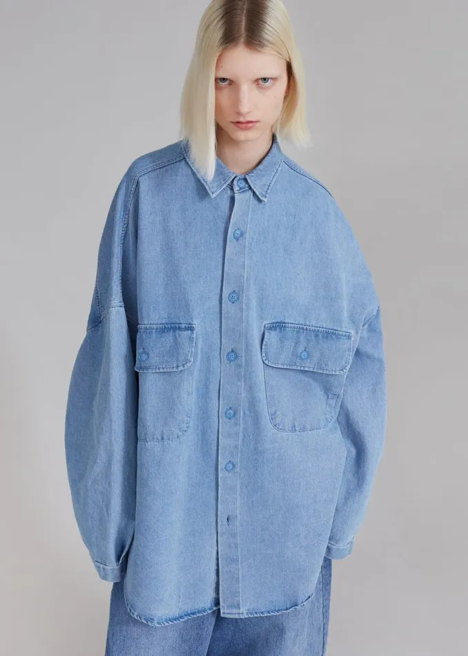 Women The Frankie Shop Dresses Dallas Denim Overshirt Worn Wash
