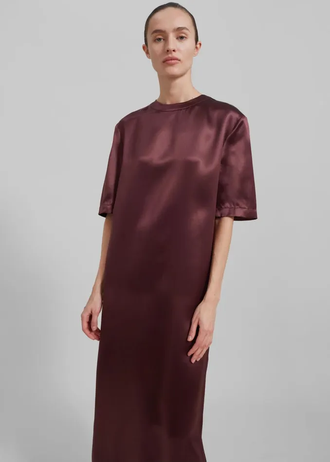 Women The Frankie Shop Dresses Loulou Studio Tuga Satin TShirt Dress Midnight Bordeaux