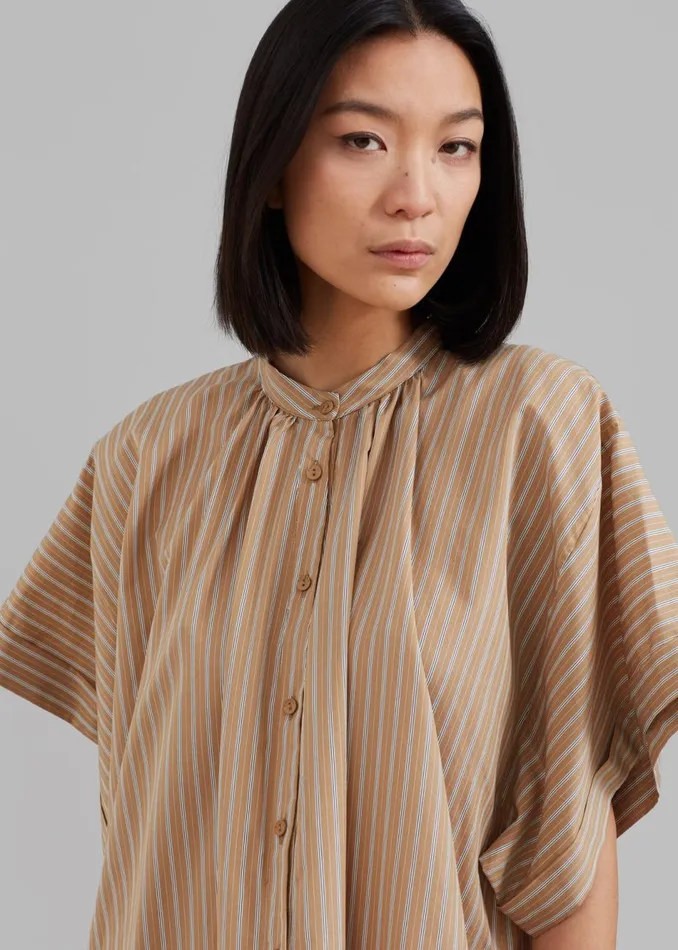 Women The Frankie Shop Dresses Matteau Button Front Djellaba Dress Sand Stripe