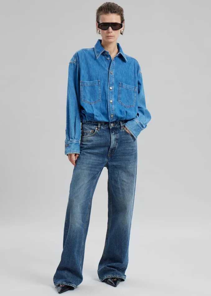 Women The Frankie Shop Jumpsuits Haikure Tilda Two Tone Denim Jumpsuit Piano Blue Women The Frankie Shop Jumpsuits Haikure Tilda Two Tone Denim Jumpsuit Piano Blue
