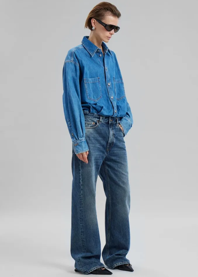Women The Frankie Shop Jumpsuits Haikure Tilda Two Tone Denim Jumpsuit Piano Blue