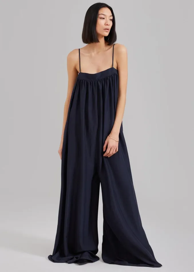Women The Frankie Shop Jumpsuits Maude Gathered Silk Jumpsuit Navy