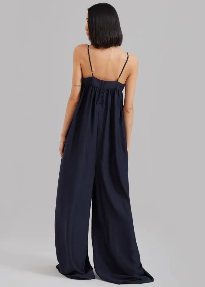 Women The Frankie Shop Jumpsuits Maude Gathered Silk Jumpsuit Navy