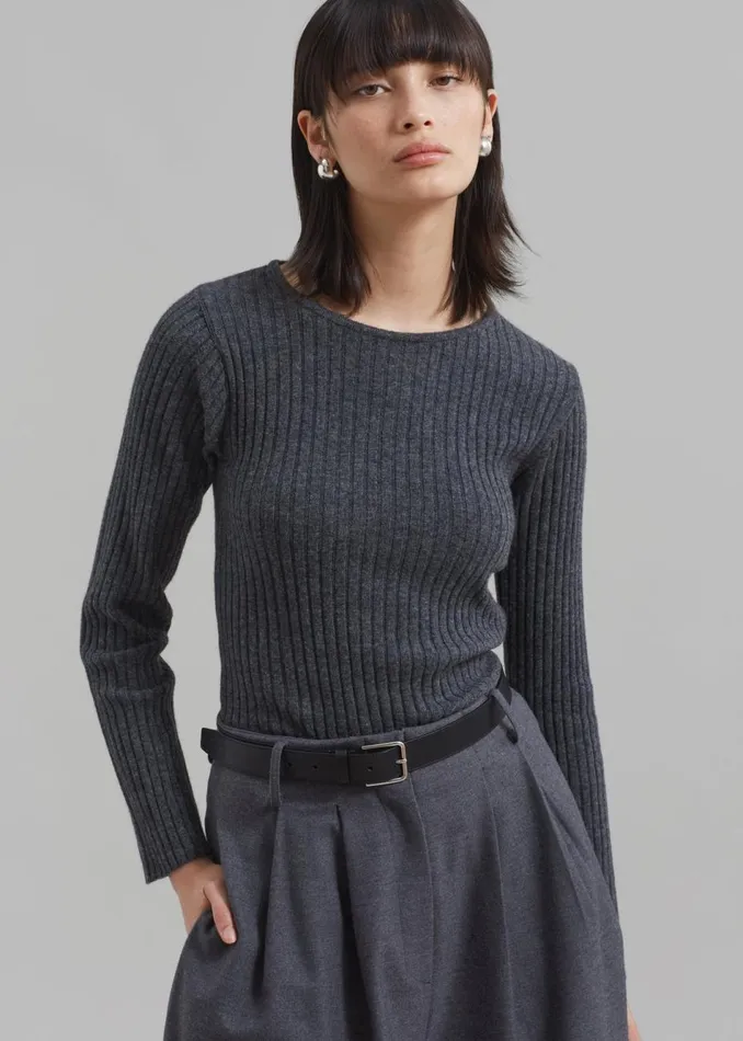 Women The Frankie Shop Knitwear Cora Ribbed Sweater Charcoal