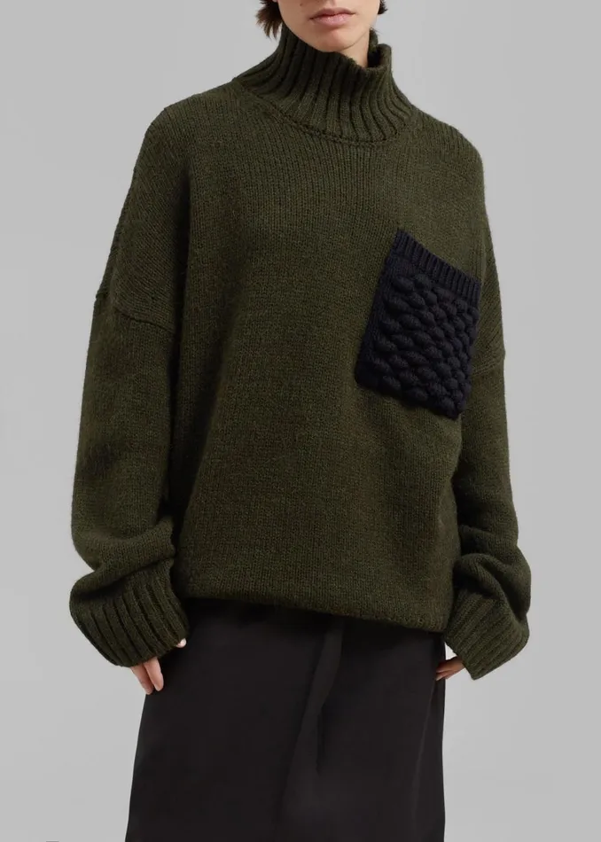 Women The Frankie Shop Knitwear JW Anderson Textured Patch Pocket Turtleneck Jumper Forest Green