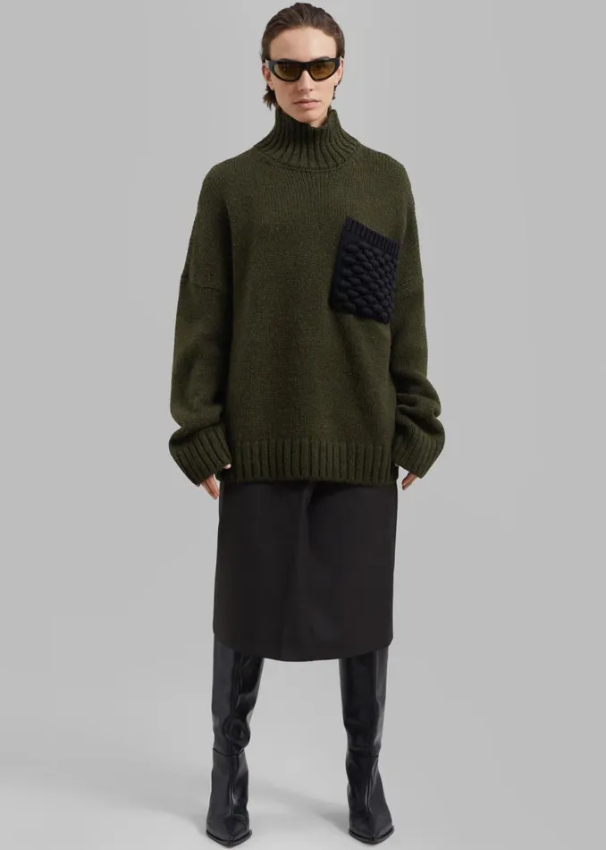 Women The Frankie Shop Knitwear JW Anderson Textured Patch Pocket Turtleneck Jumper Forest Green