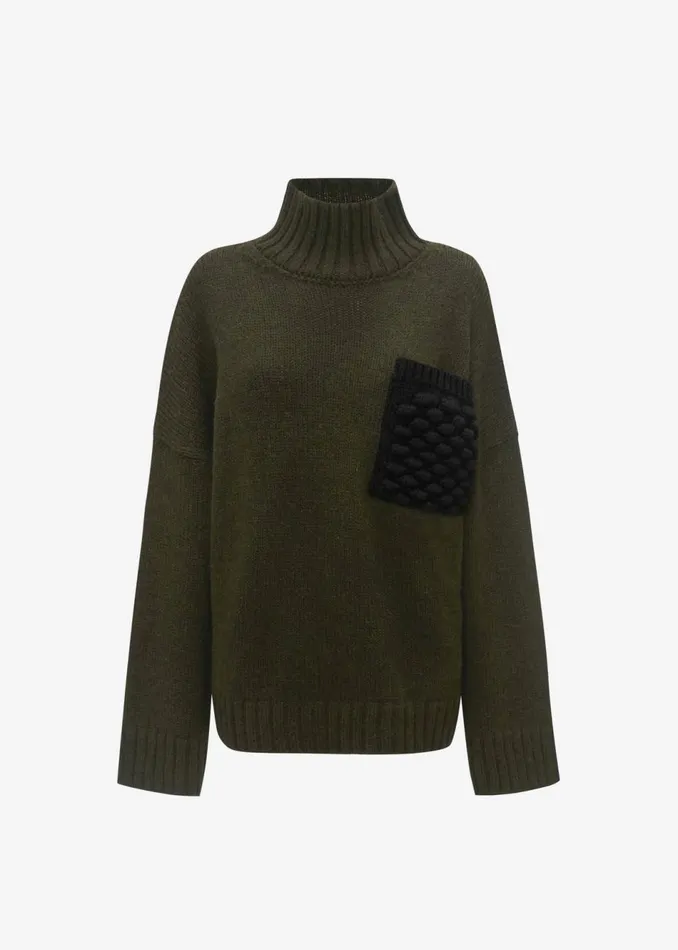 Women The Frankie Shop Knitwear JW Anderson Textured Patch Pocket Turtleneck Jumper Forest Green