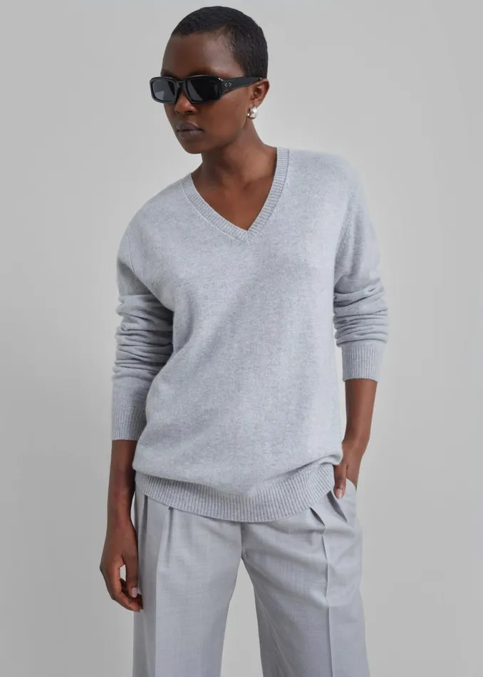 Women The Frankie Shop Knitwear Loulou Studio Serafini V Neck Cashmere Sweater Grey Melange