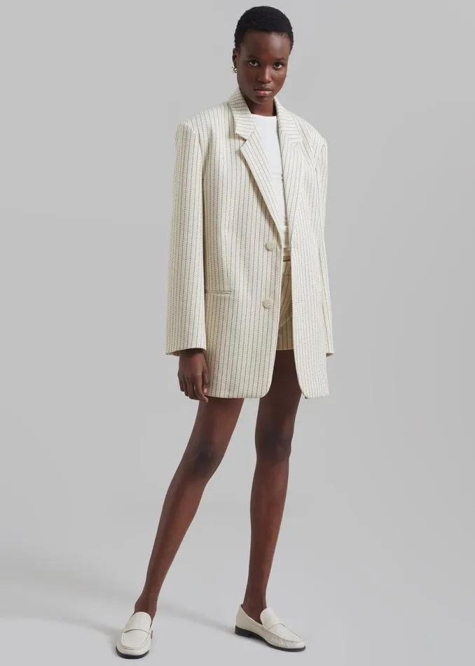 Women The Frankie Shop Outerwear Aiden Twill Blazer Light Beigeblack Pinstripe