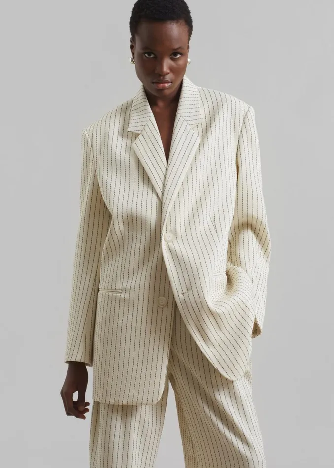 Women The Frankie Shop Outerwear Aiden Twill Blazer Light Beigeblack Pinstripe
