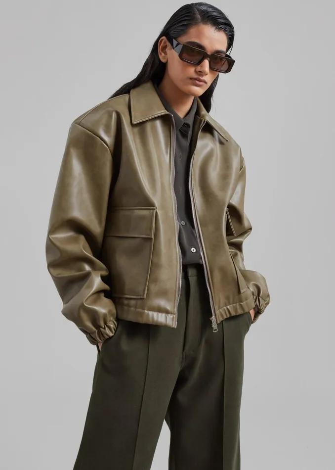 Women The Frankie Shop Outerwear Alden Faux Leather Bomber Khaki