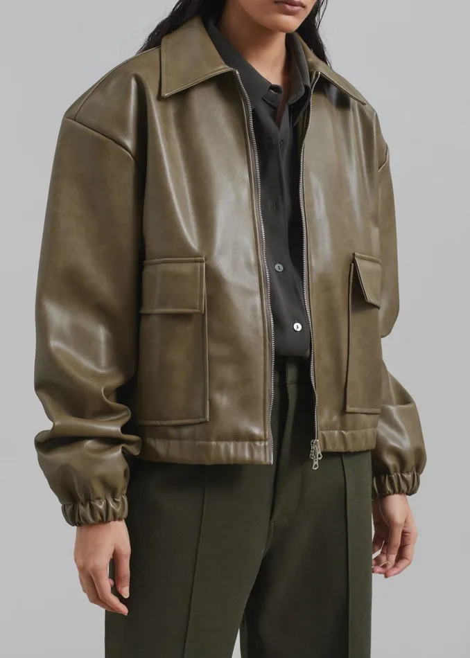 Women The Frankie Shop Outerwear Alden Faux Leather Bomber Khaki