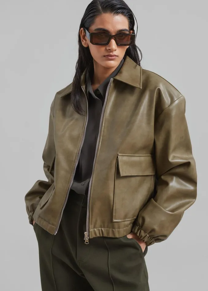 Women The Frankie Shop Outerwear Alden Faux Leather Bomber Khaki