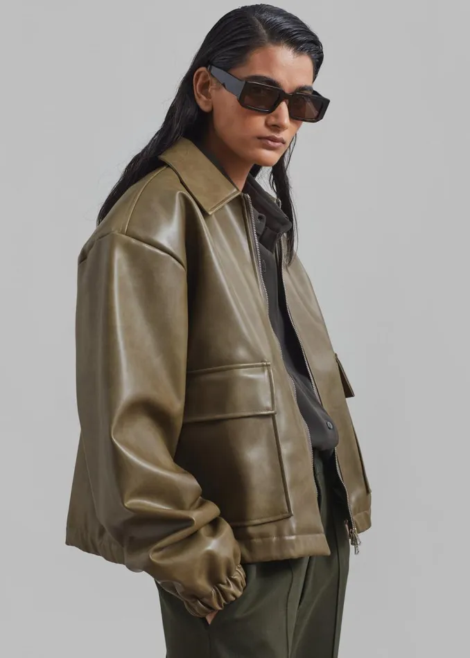 Women The Frankie Shop Outerwear Alden Faux Leather Bomber Khaki