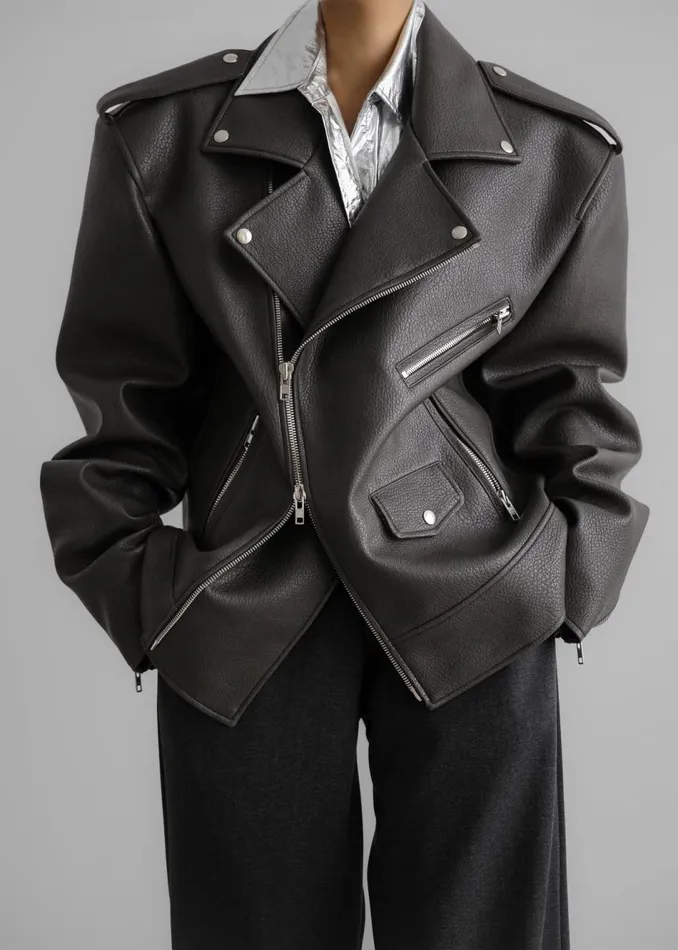 Women The Frankie Shop Outerwear Chicago Oversized Biker Jacket Charcoal