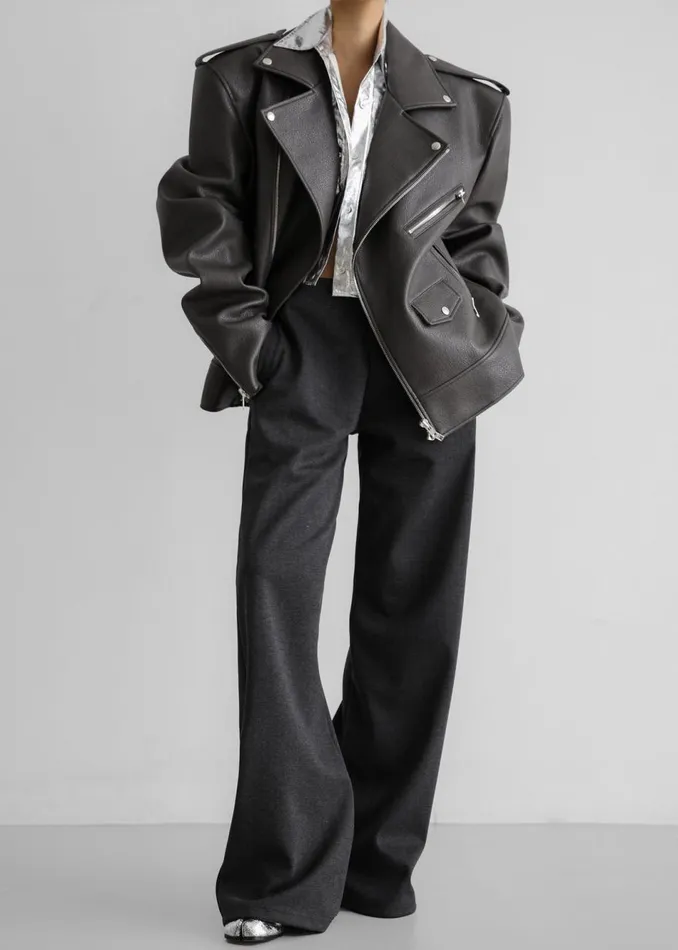 Women The Frankie Shop Outerwear Chicago Oversized Biker Jacket Charcoal