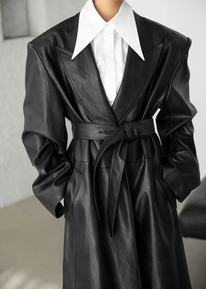 Women The Frankie Shop Outerwear Connie Faux Leather Belted Trench Coat Black