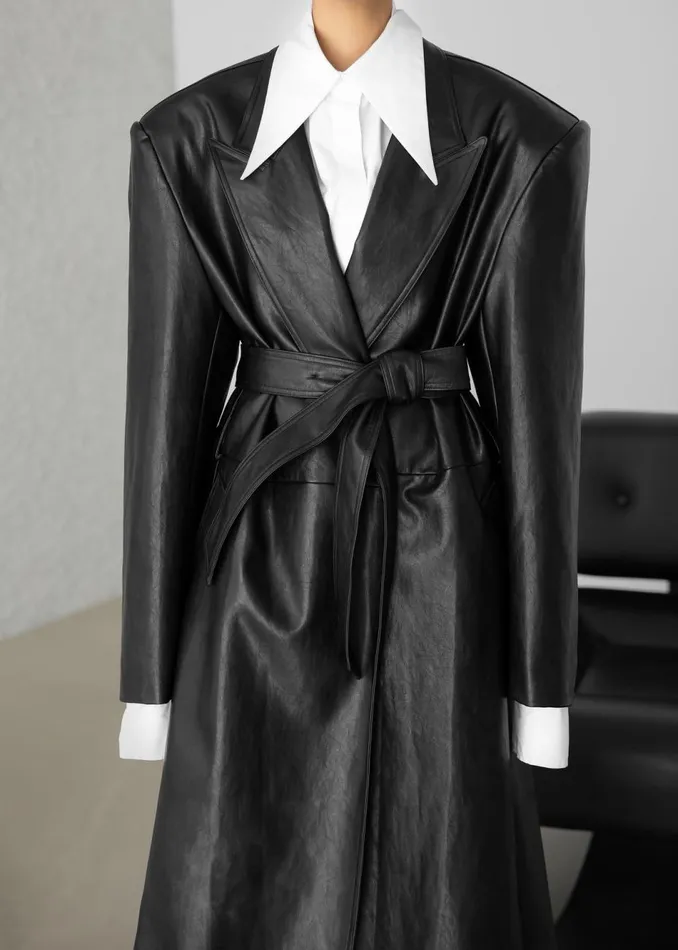 Women The Frankie Shop Outerwear Connie Faux Leather Belted Trench Coat Black