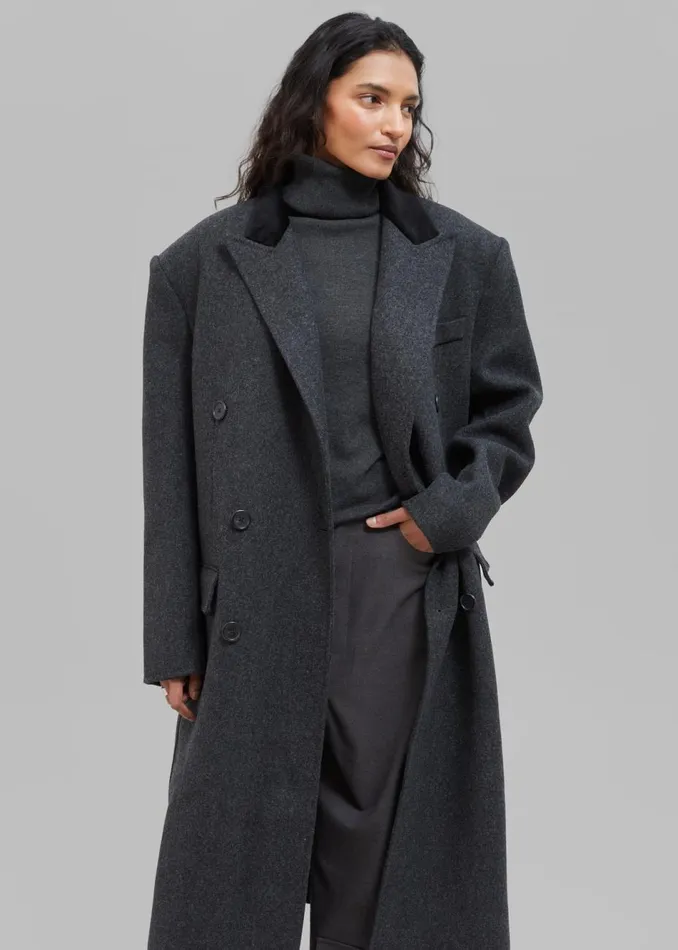 Women The Frankie Shop Outerwear Dolly Contrast Collar Coat Dark Grey Melange
