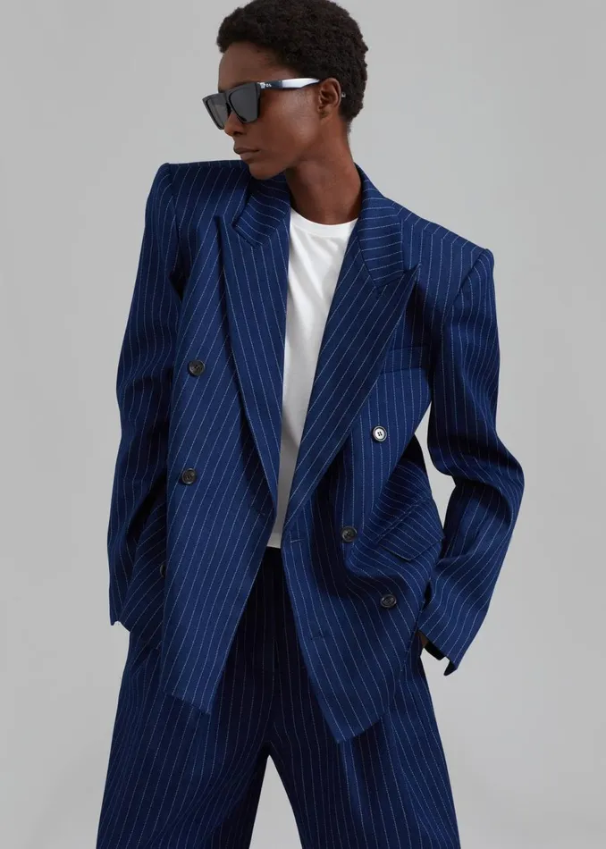 Women The Frankie Shop Outerwear Fargo Oversized Denim Padded Blazer Navy Pinstripe