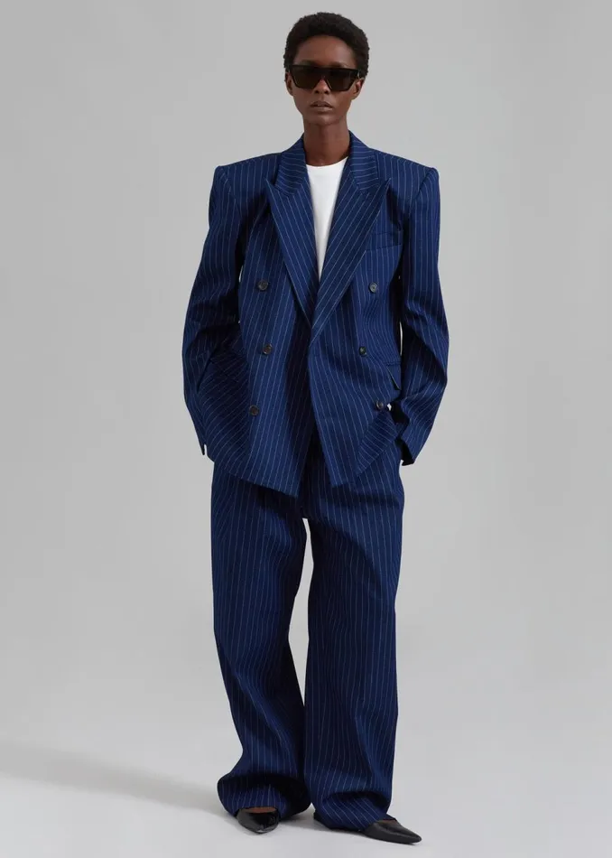 Women The Frankie Shop Outerwear Fargo Oversized Denim Padded Blazer Navy Pinstripe