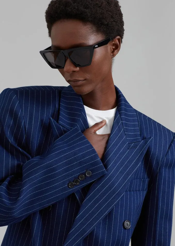 Women The Frankie Shop Outerwear Fargo Oversized Denim Padded Blazer Navy Pinstripe