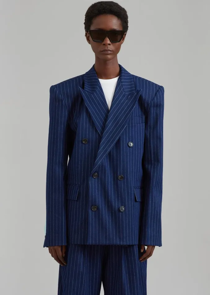 Women The Frankie Shop Outerwear Fargo Oversized Denim Padded Blazer Navy Pinstripe