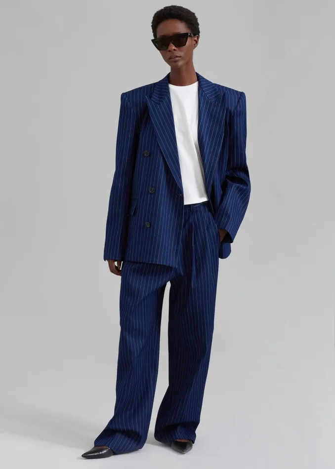 Women The Frankie Shop Outerwear Fargo Oversized Denim Padded Blazer Navy Pinstripe