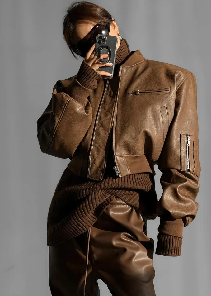 Women The Frankie Shop Outerwear Gae Faux Leather Cropped Bomber Brown