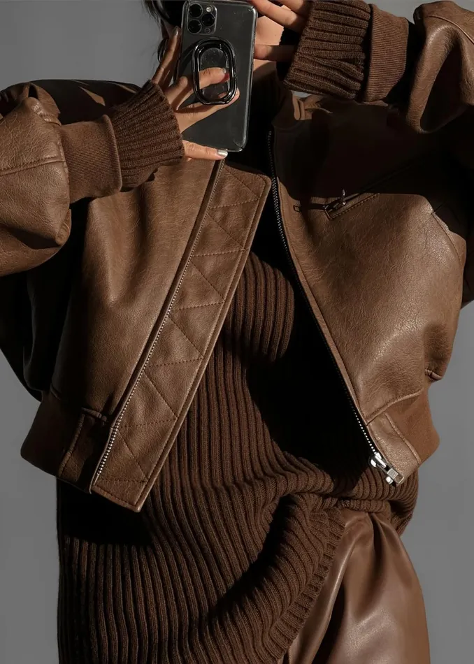 Women The Frankie Shop Outerwear Gae Faux Leather Cropped Bomber Brown
