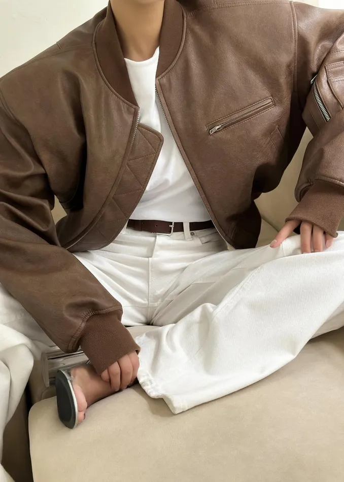 Women The Frankie Shop Outerwear Gae Faux Leather Cropped Bomber Brown