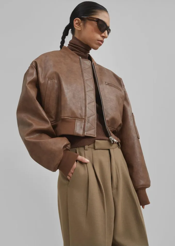 Women The Frankie Shop Outerwear Gae Faux Leather Cropped Bomber Brown