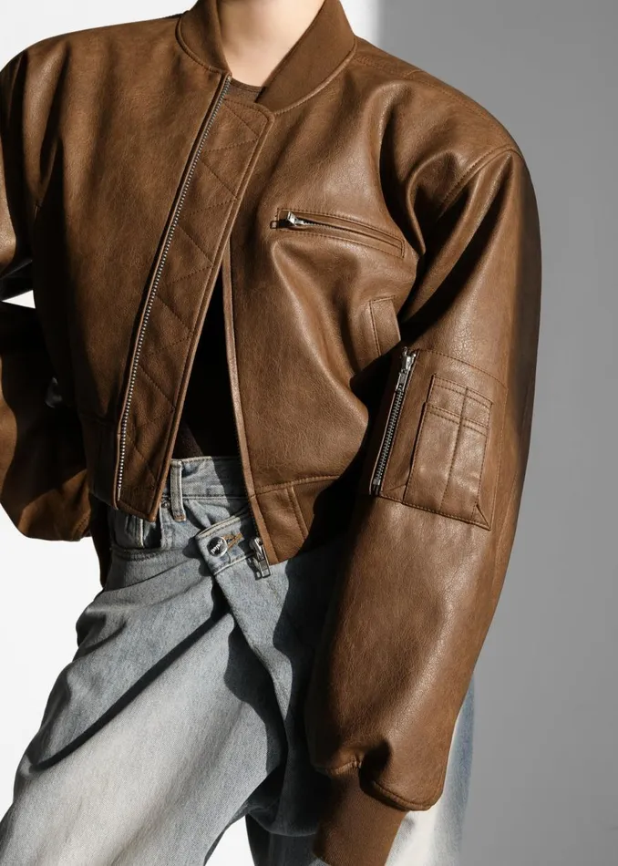 Women The Frankie Shop Outerwear Gae Faux Leather Cropped Bomber Brown