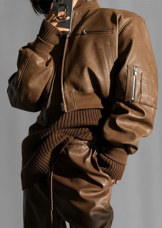 Women The Frankie Shop Outerwear Gae Faux Leather Cropped Bomber Brown